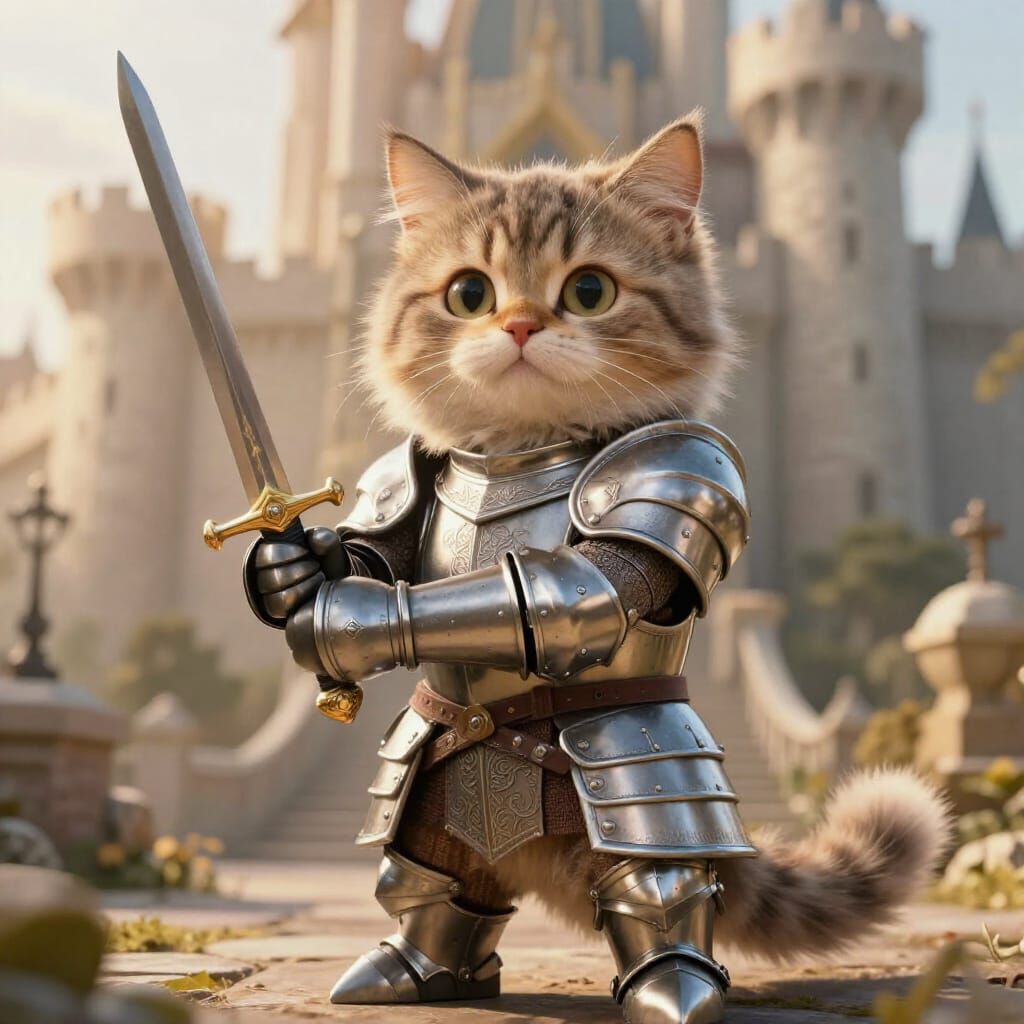 Fluffy Cat Knight in Polished Armor