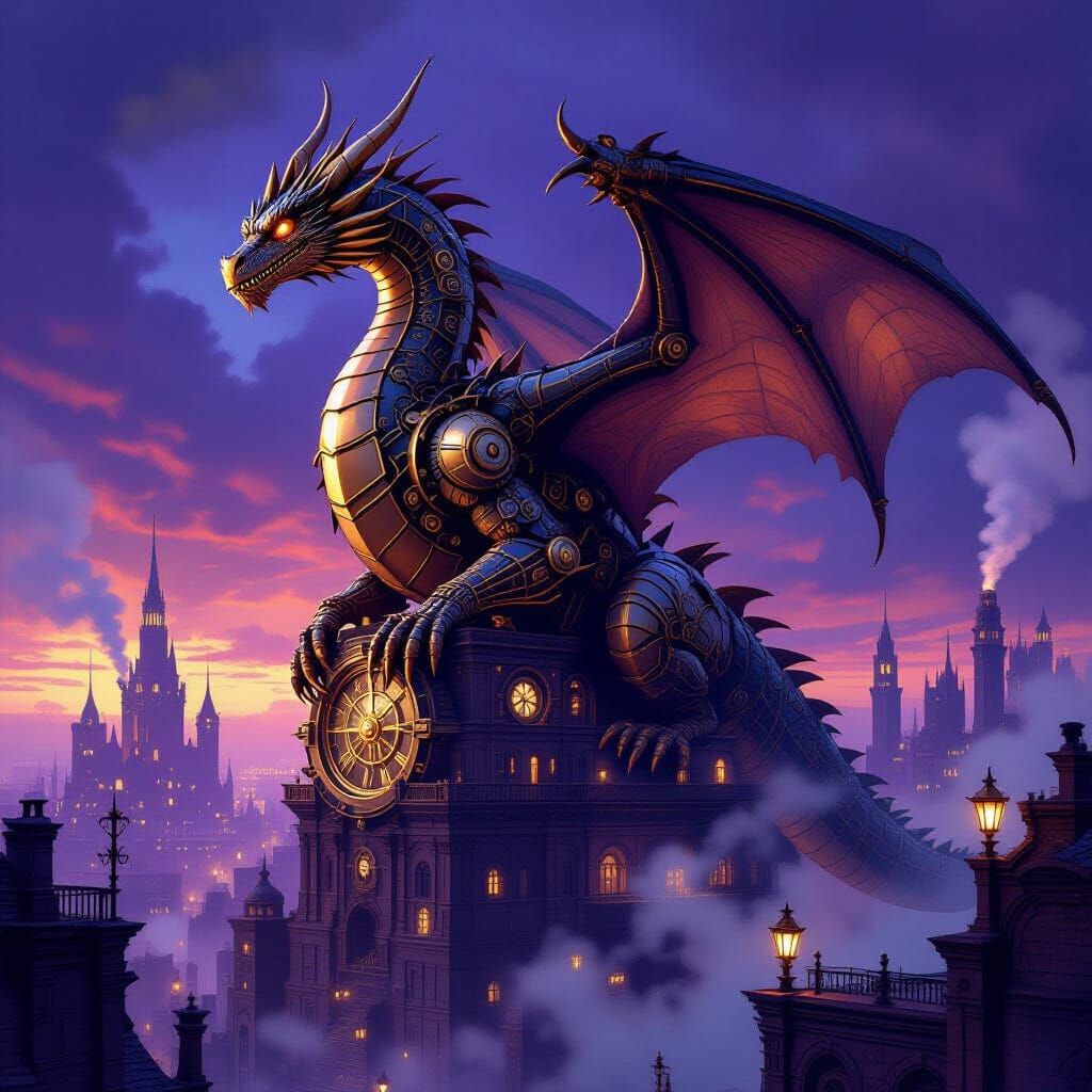 Clockwork Dragon Over Steampunk City