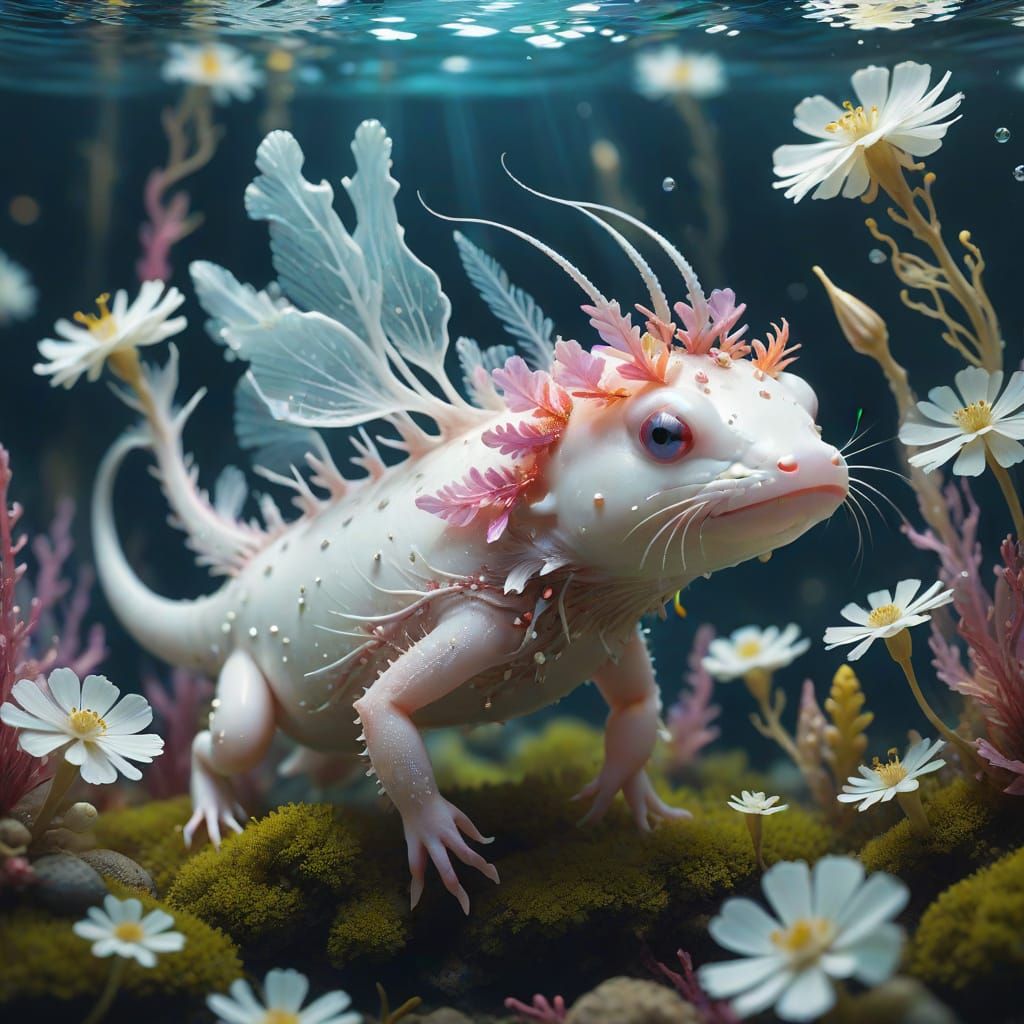 Surreal Underwater Axolotl Explores Vibrant Wonderland