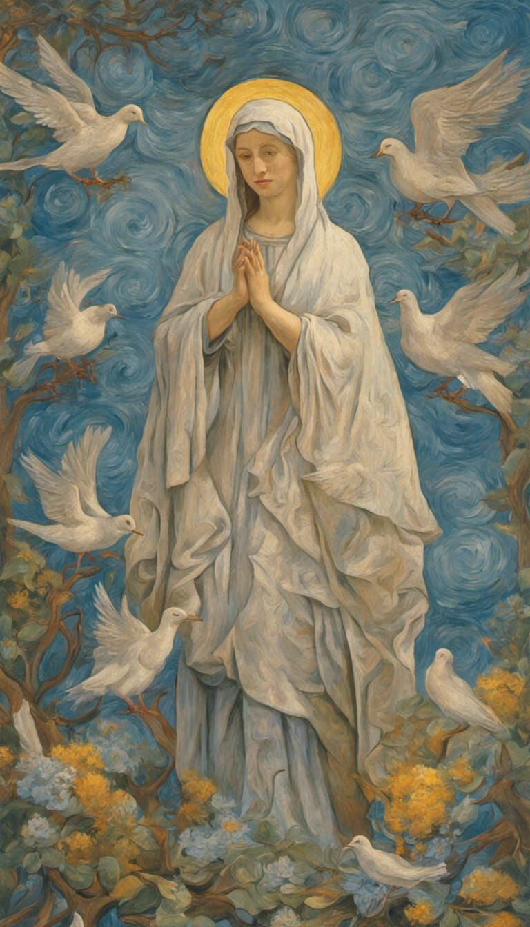 Virgin Mary in Garden: Van Gogh-Style Photoillustration