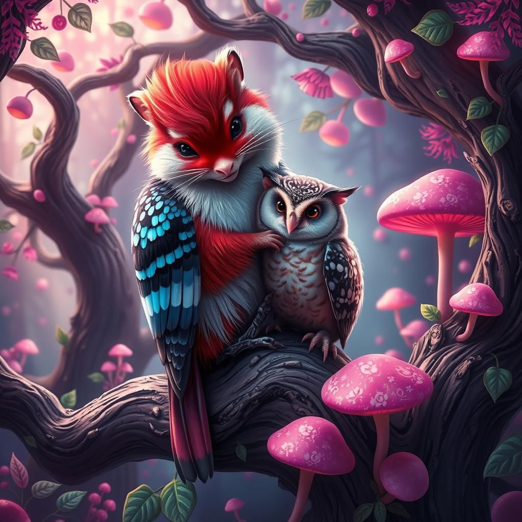 Fantastical Forest Creature Embrace in Storybook Style