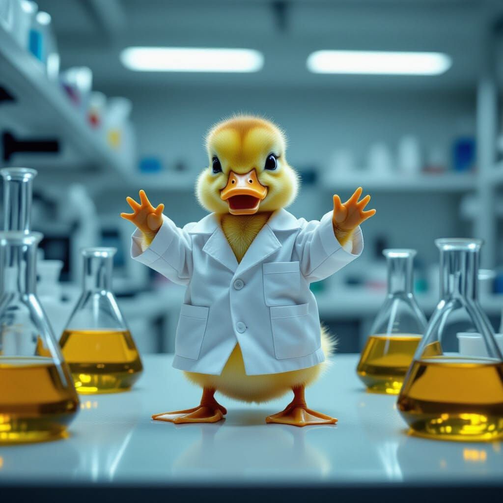 Duckling Robot Dance in Science Lab: Cinematic Film Still