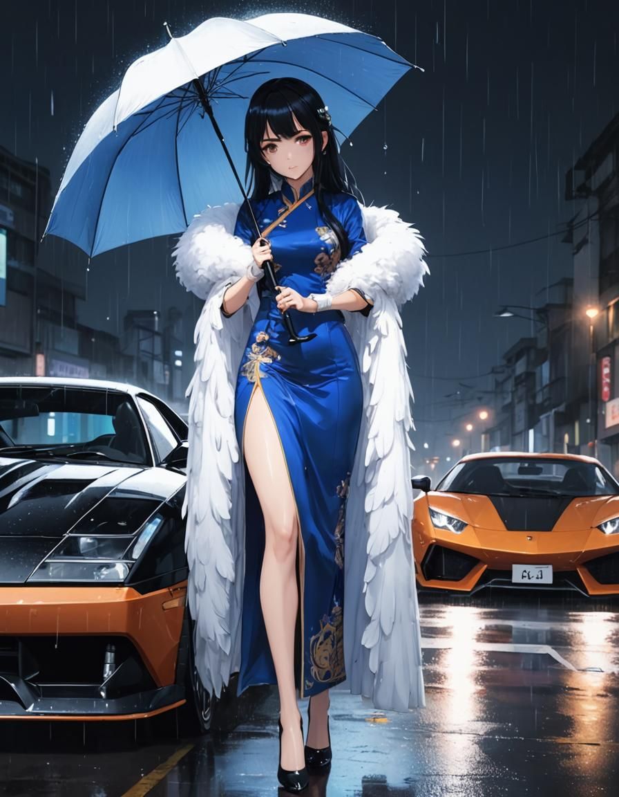 Anime Woman in Cyberpunk Rain Scene