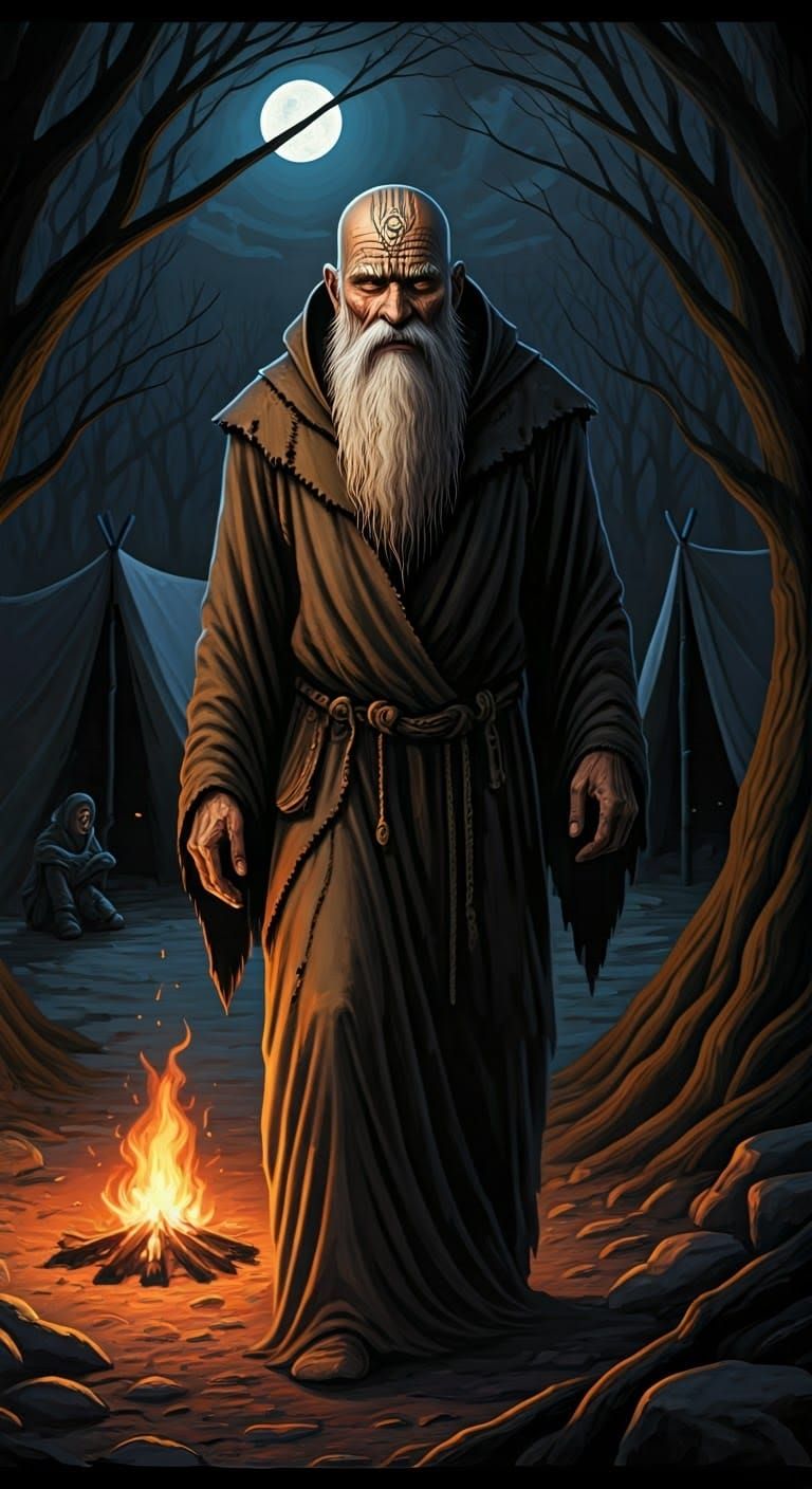 Mysterious Prophet in Moonlit Camp: 1970s Fantasy Art