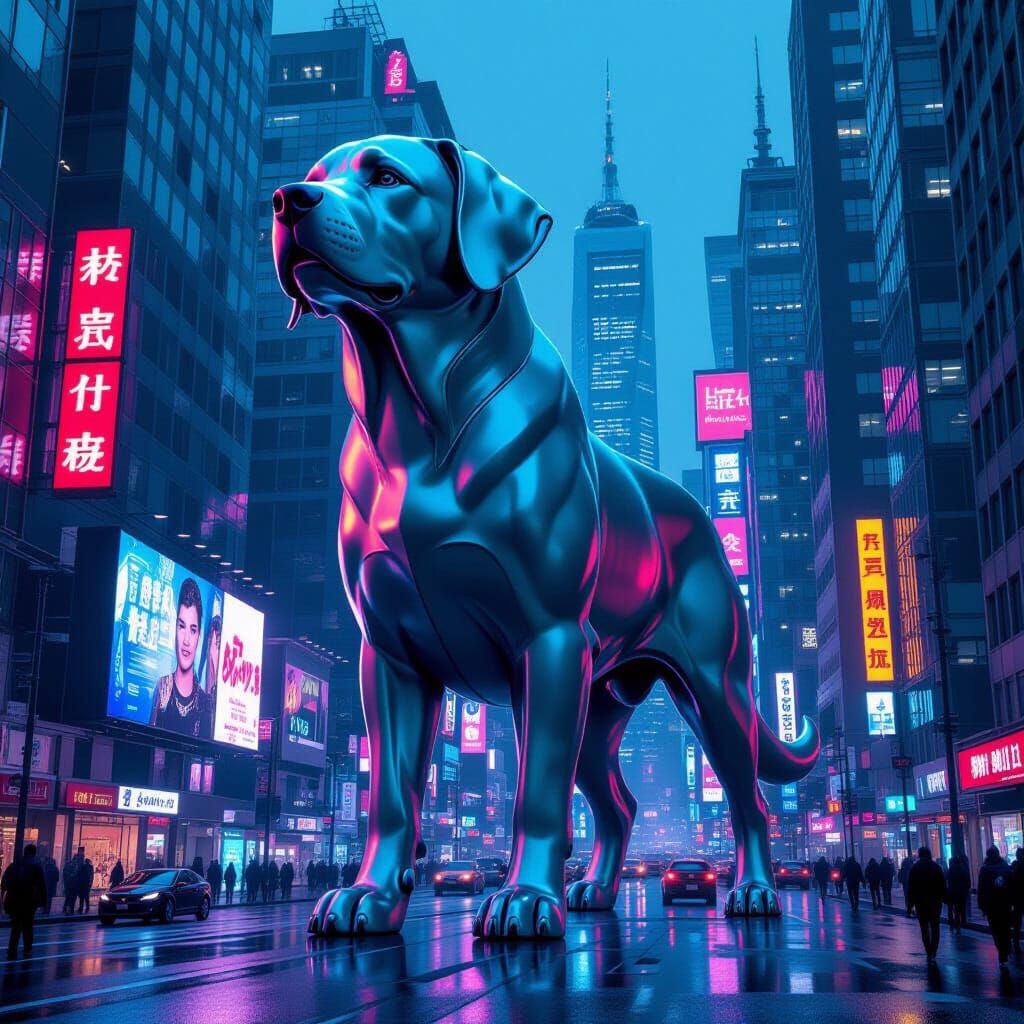 Futuristic Silver Labrador in Cyberpunk Metropolis
