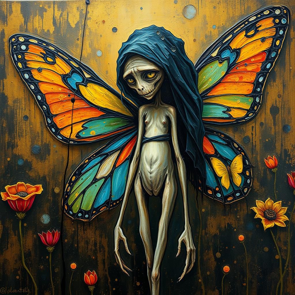 Surreal Fairy in Flower Hell, Expressionist Oil Painting