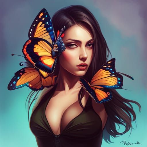 Mexican Girl Portrait with Giant Butterfly, Detailed Art
