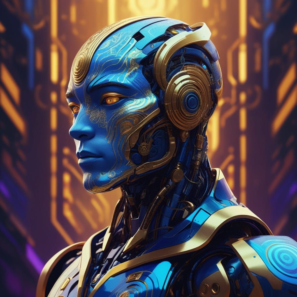 Angular Humanoid Figure in Vibrant Digital Art