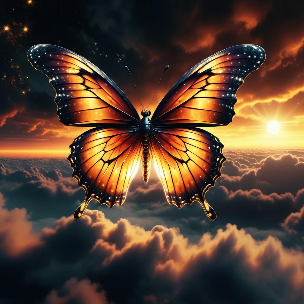 Mystical Butterfly with Galactic Wings at Sunset