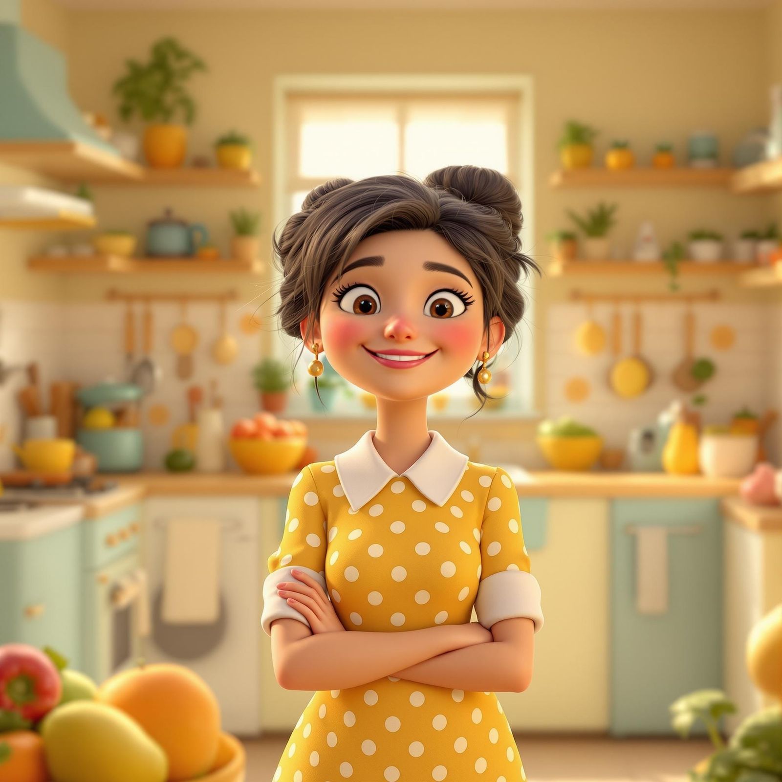 Charming Cartoon Mom in a Bright Kitchen