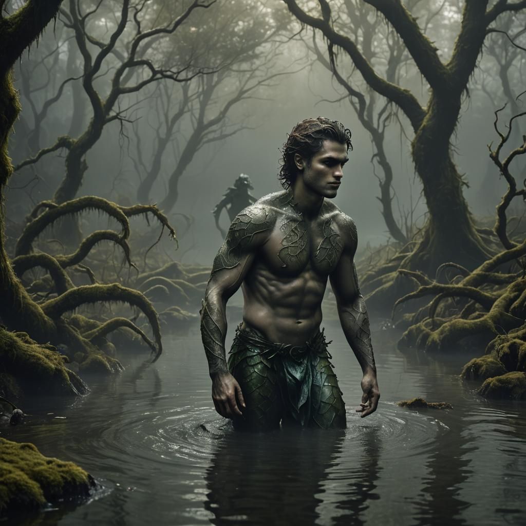 Merman Emerges from Misty Swamp in Dark Fantasy