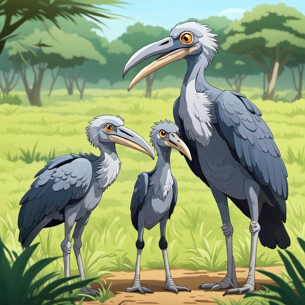 Shoebill Stork Family on the Savanna, Anime Style
