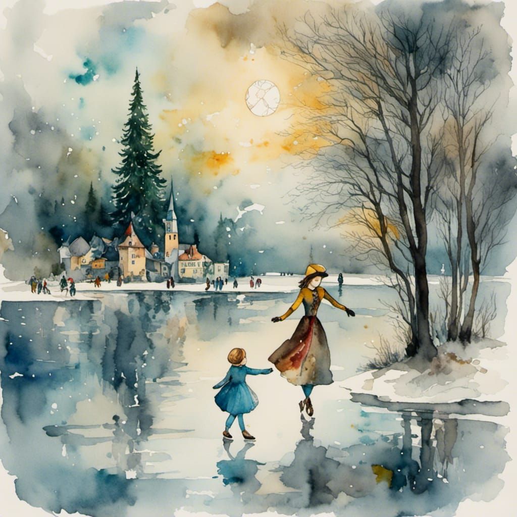 Ice Skating Princess on Frozen Lake, Post-Impressionism