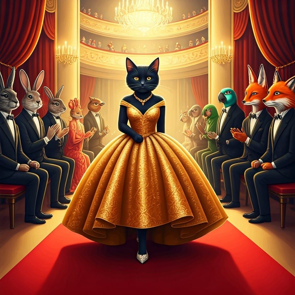 Elegant Black Cat Struts Red Carpet in Luxurious Gold Gown