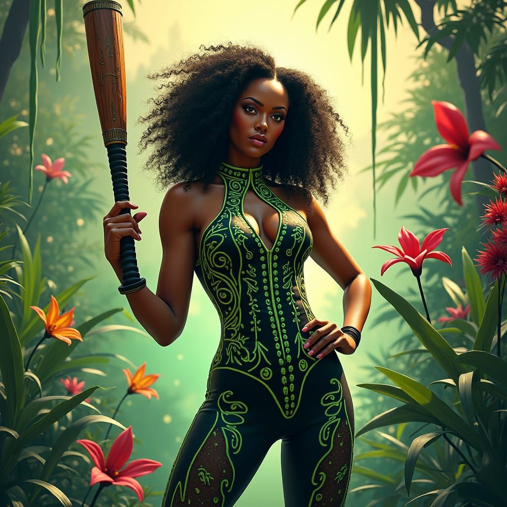 Woman with Bat in Garden, in Dreamlike Digital Art