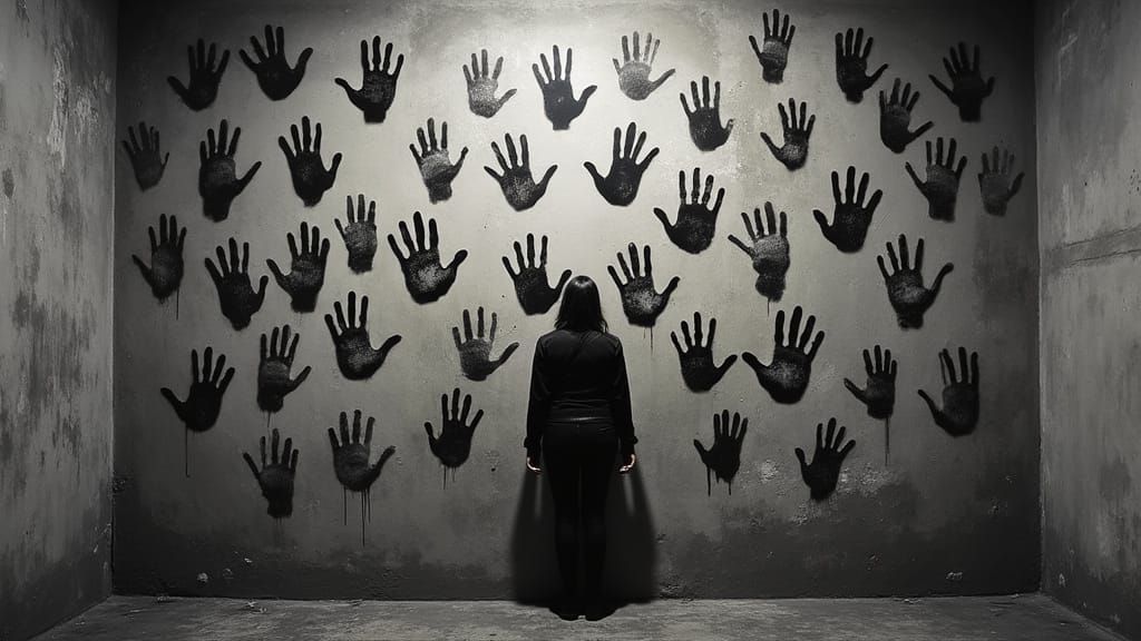 Dark Room Wall Covered in Black Handprints