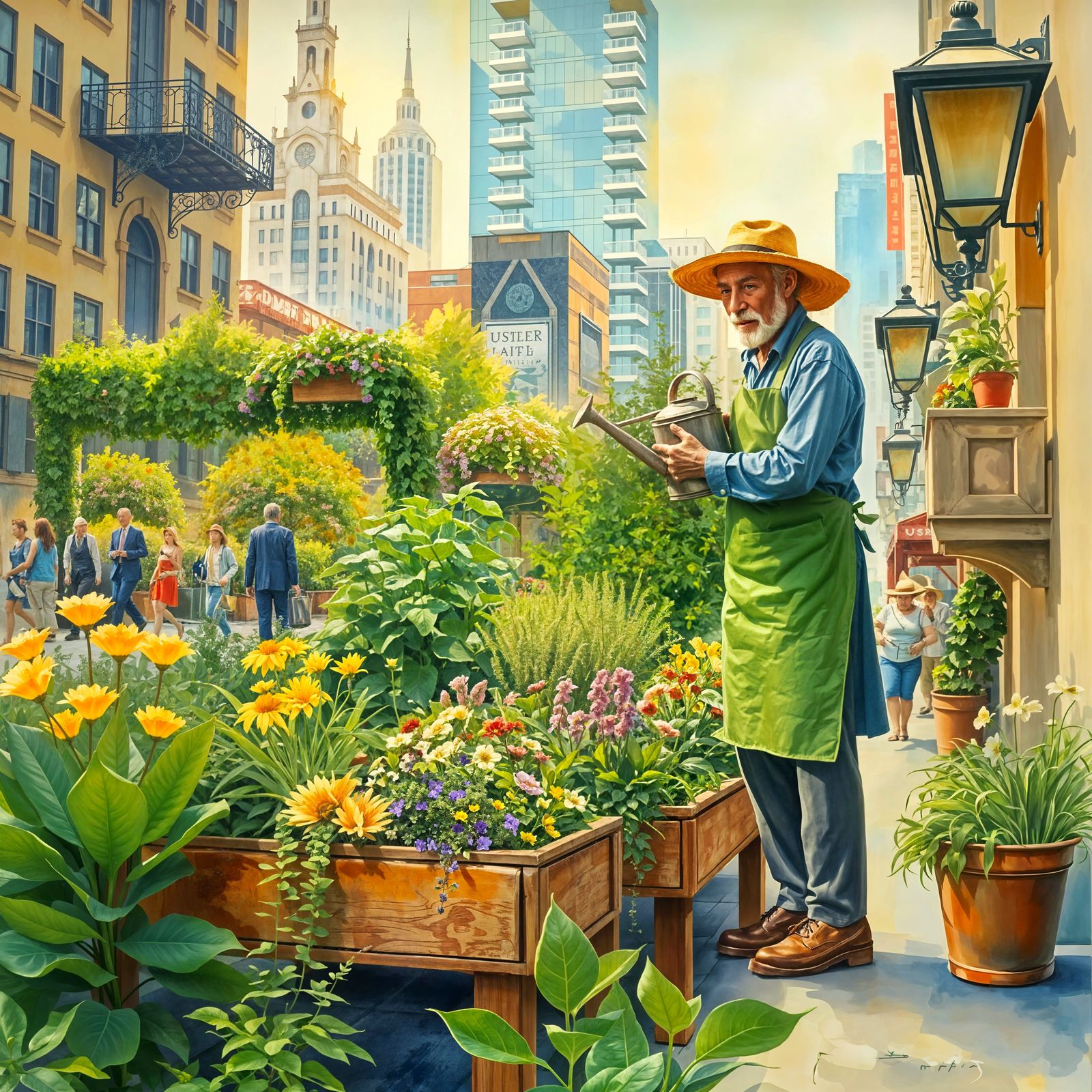 Whimsical Urban Oasis in Watercolor Style