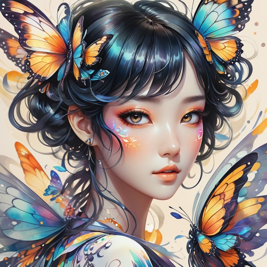 Butterfly Girl Portrait in 3D Anime Watercolor Style