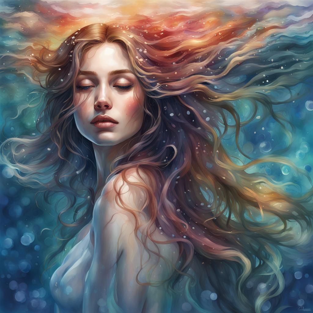 Ethereal Watercolor Portrait of Girl Underwater