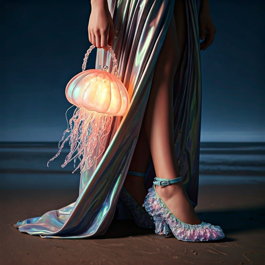 Iridescent Gown on Moonlit Beach: Digital Art