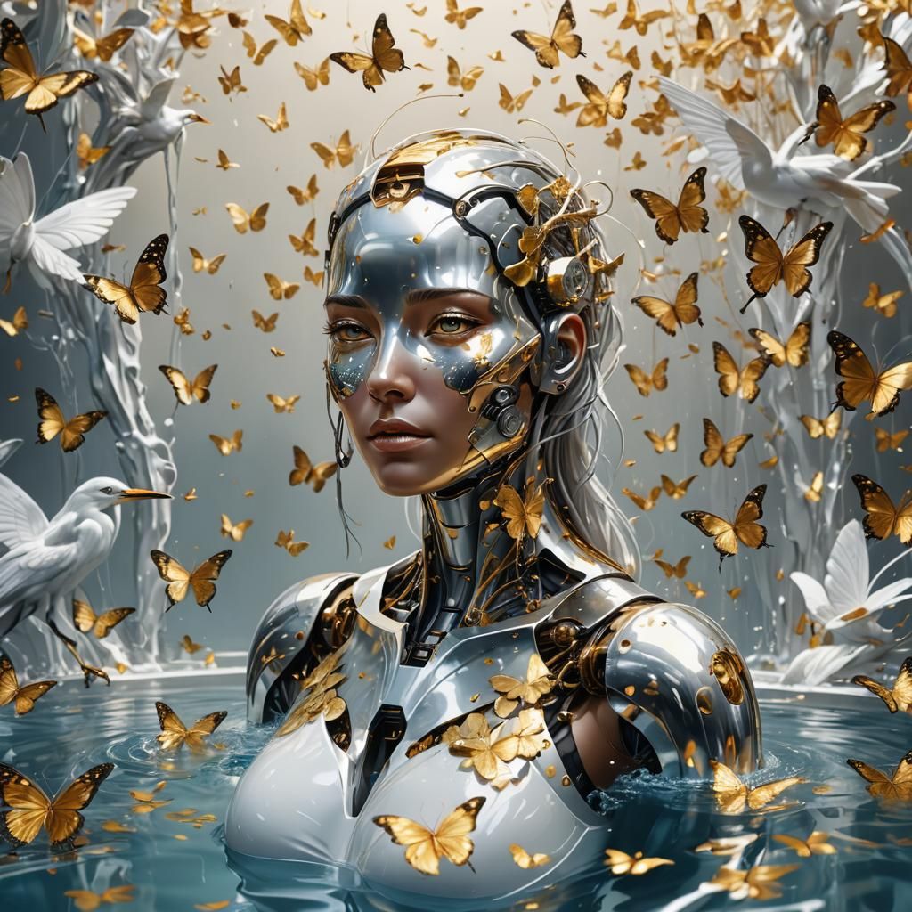 Robot Woman in Gold with Butterflies