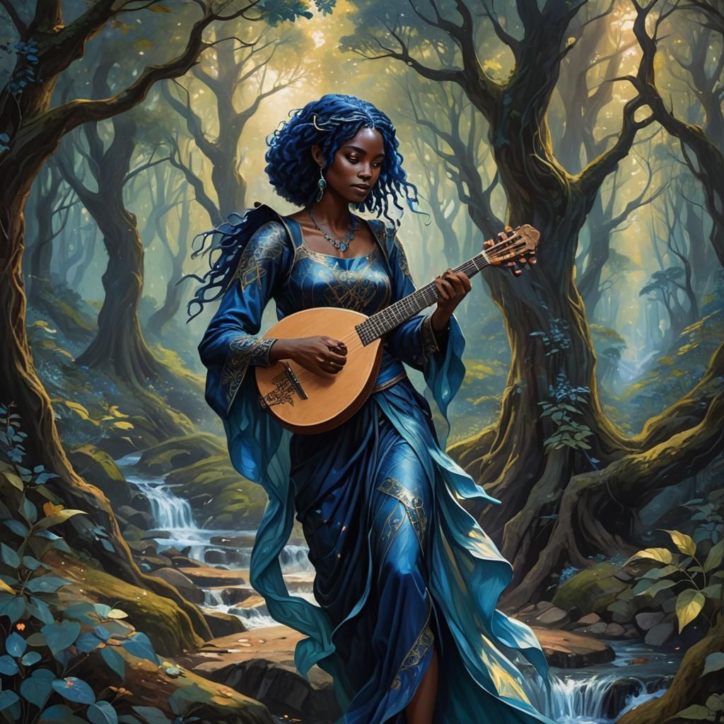 Half-Elf Bard in Mystical Forest, Oil Painting