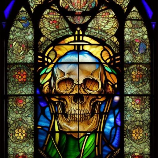 Stained Glass Skull and Butterflies: Dark Fantasy Art