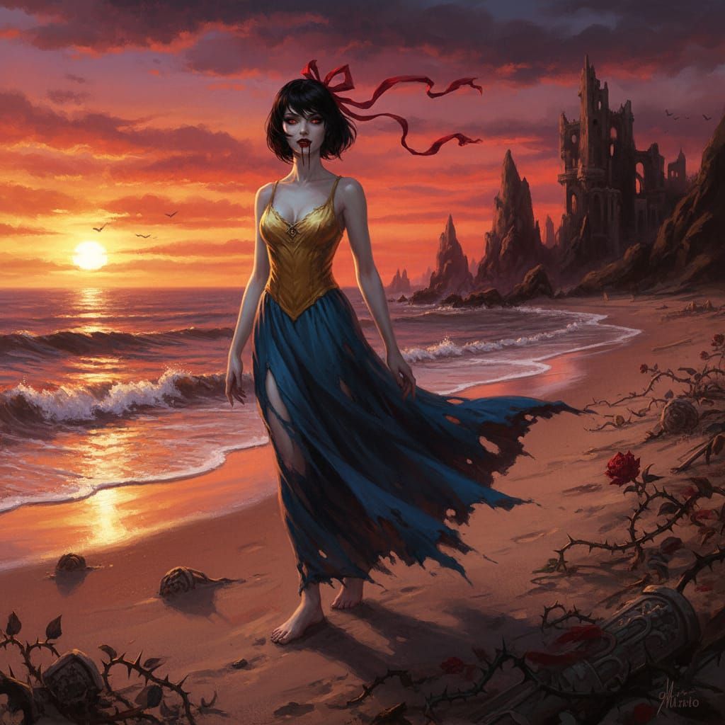 Vampire Snow White on Beach at Sunset