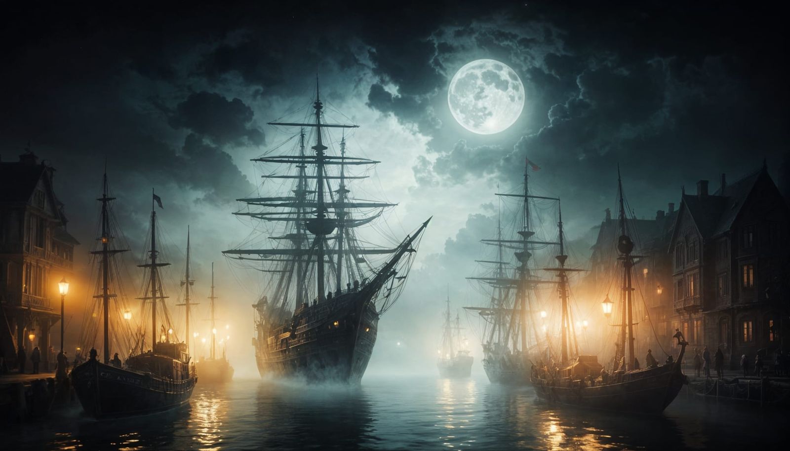 Ethereal Ghostly Ships Anchored at Harbour