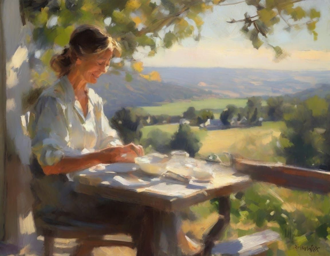 Impressionist Village Scene: Woman with Teapot