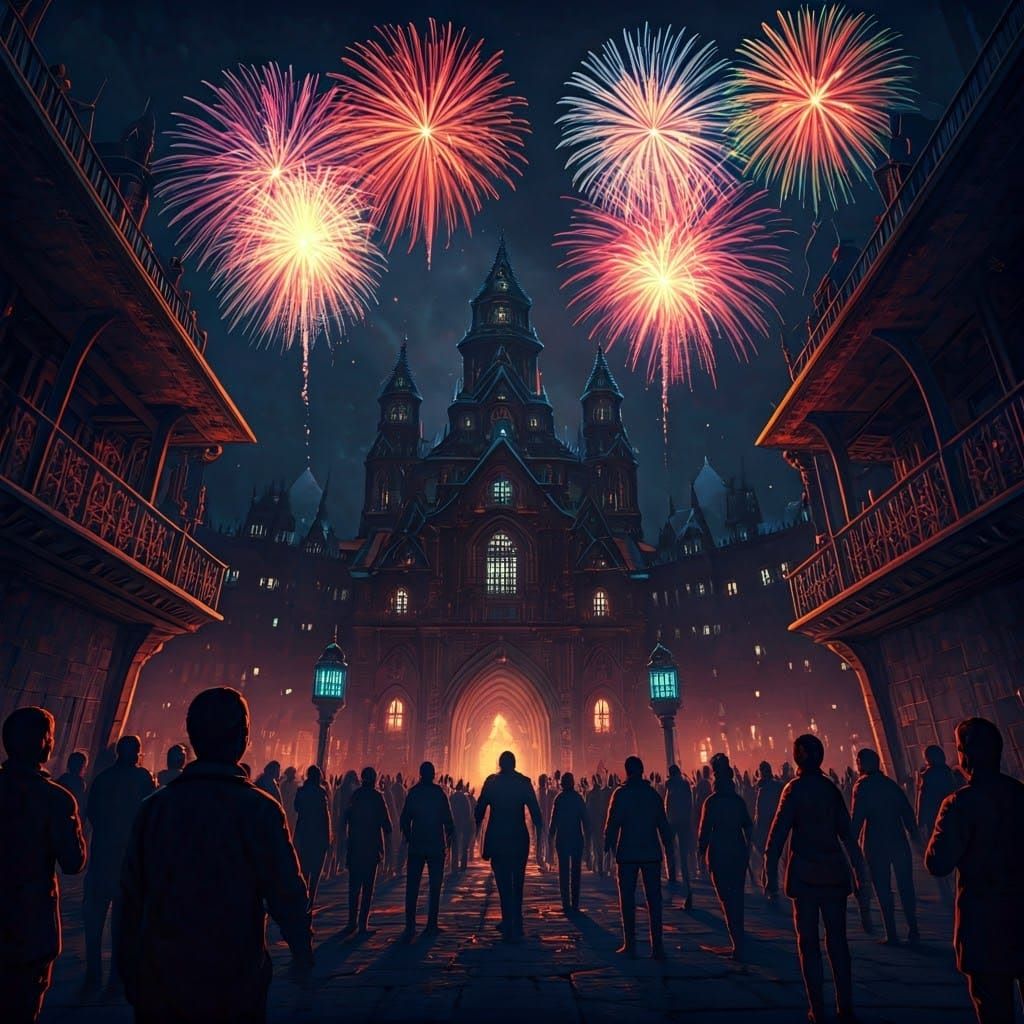 Nighttime Celebration Scene in Futuristic Architectural Styl...