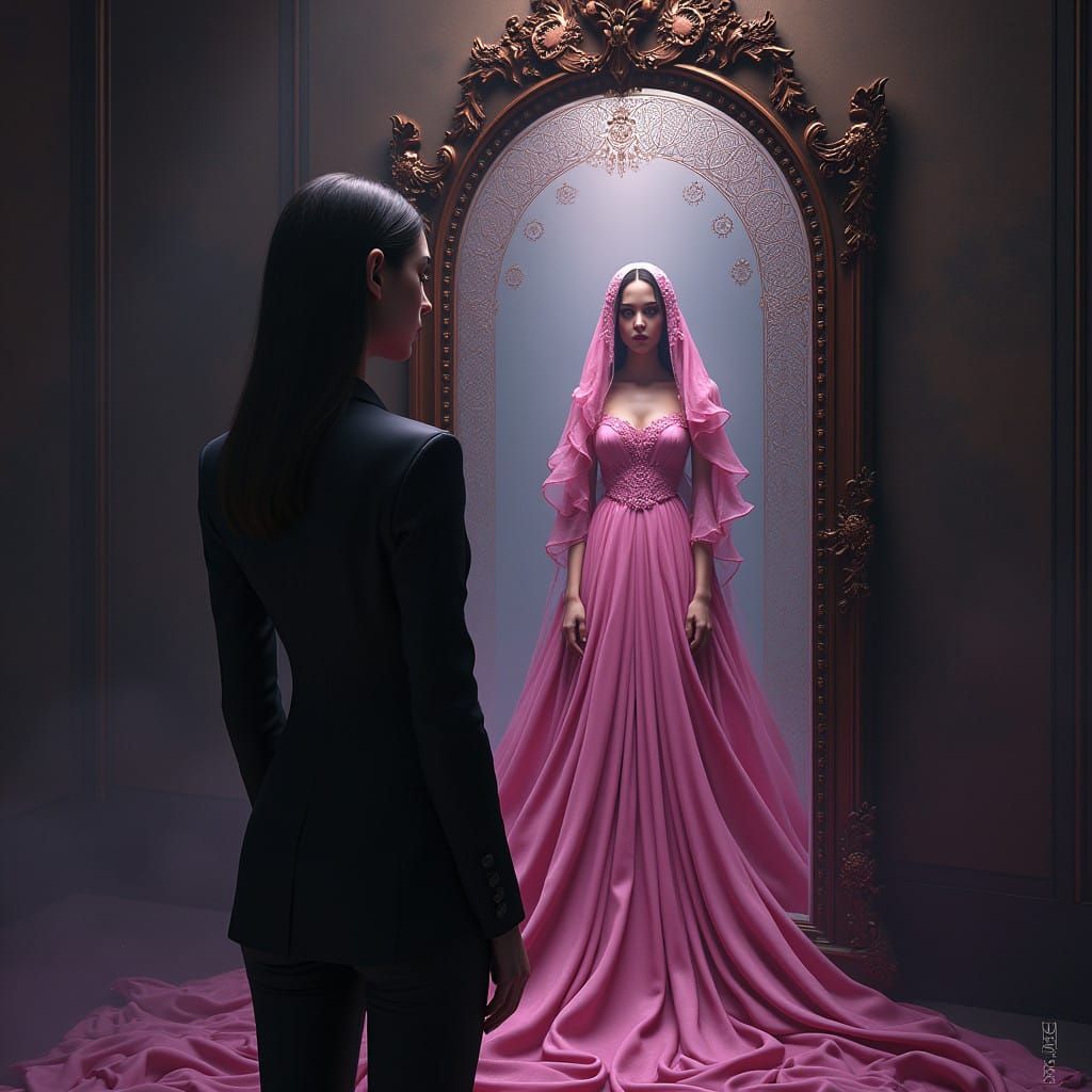 Young Woman's Mirrored Reflection in Elegant Pink Gown