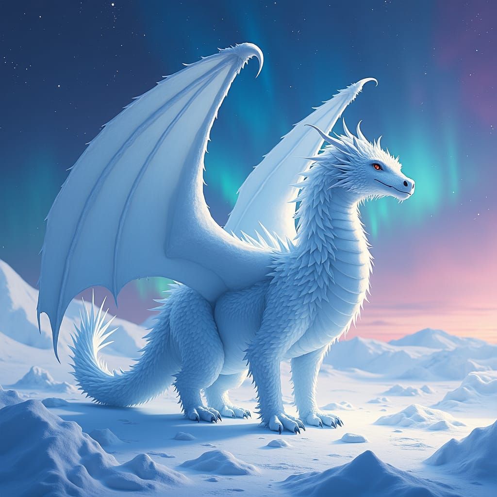 Majestic Ice Dragon in Starry Arctic Landscape
