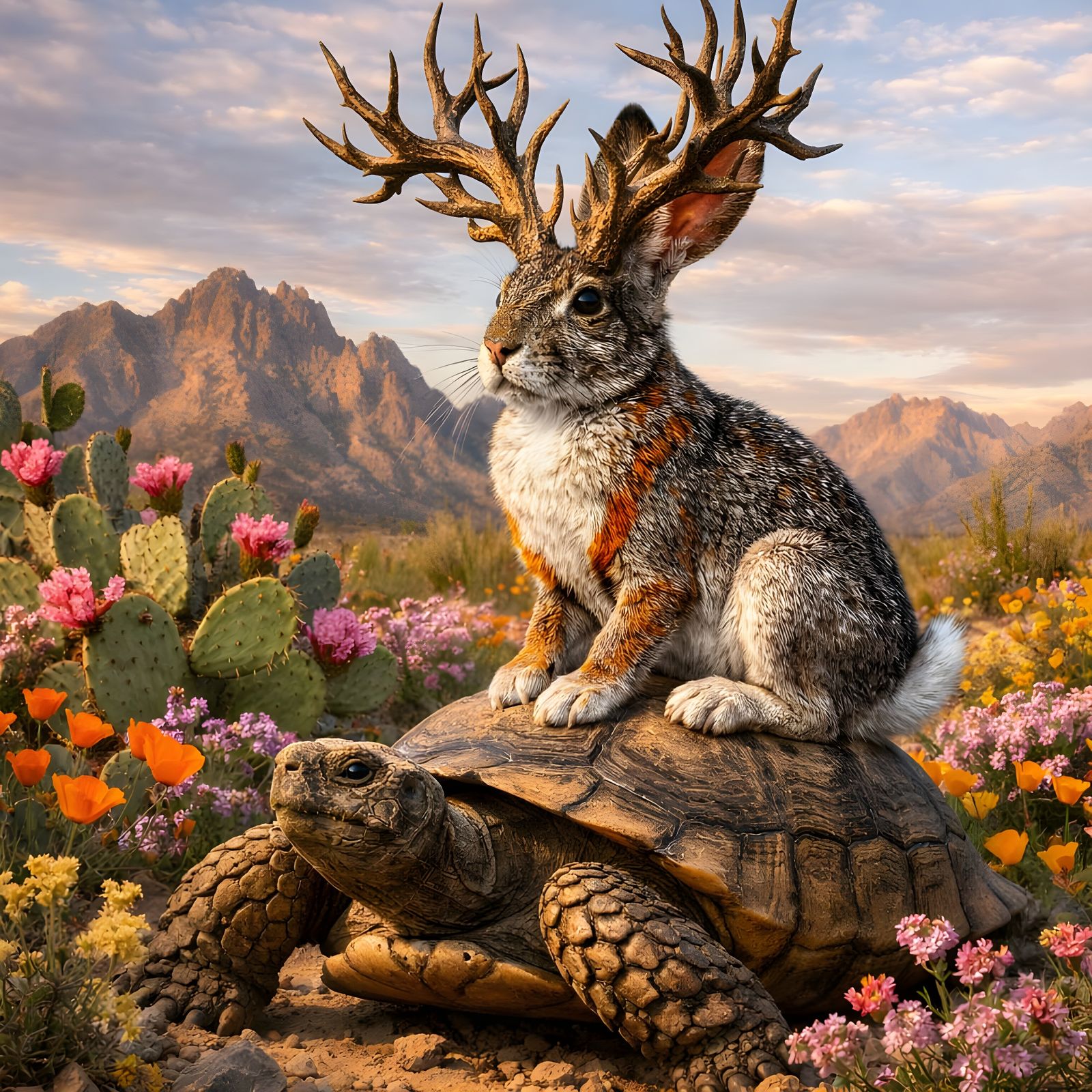 Jackalope Rides Tortoise Through Desert Bloom
