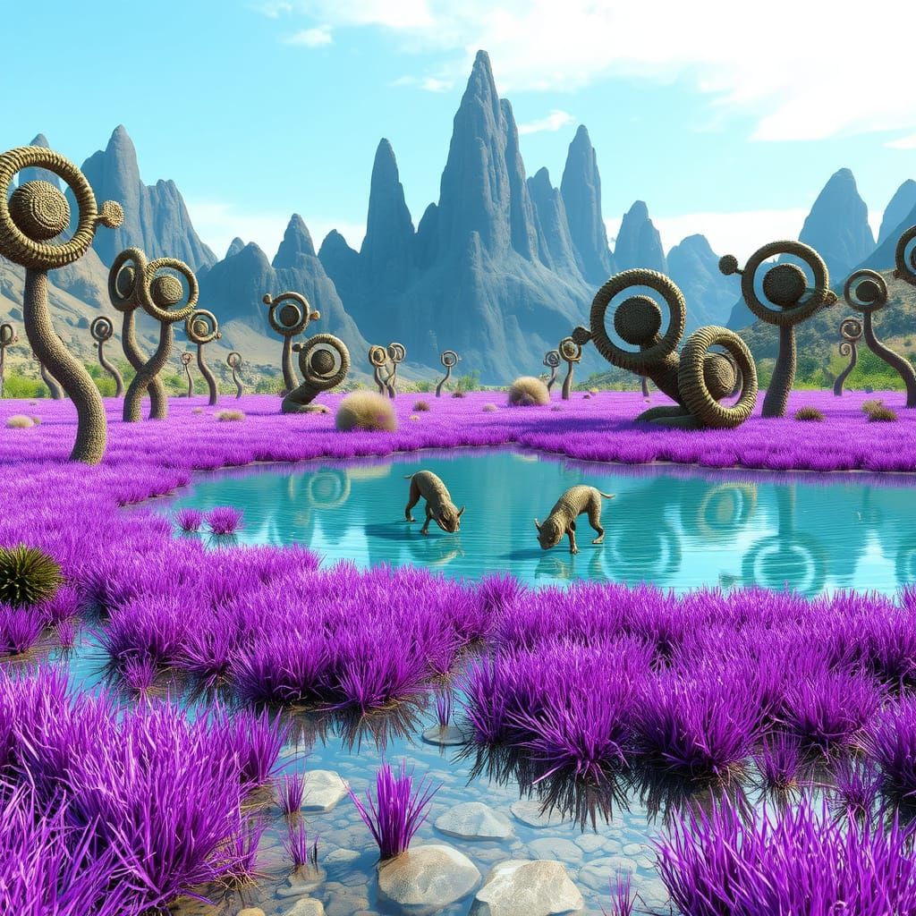 Dreamlike Alien Lake with Purple Grass and Creatures