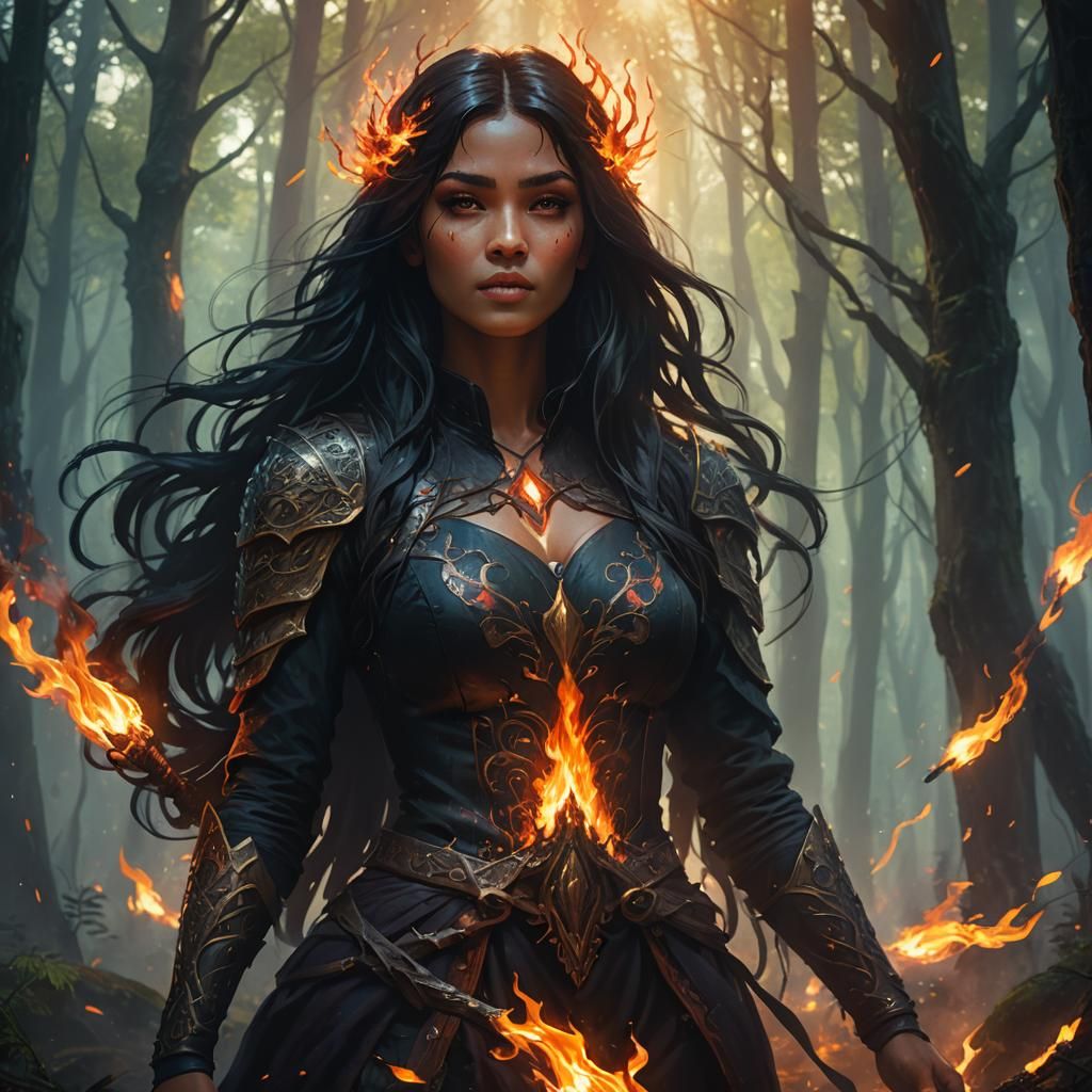 Mystical Forest: Black-Haired Girl with Fire Control