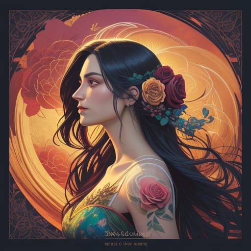 Comic Art Young Woman Adorned with Vibrant Roses