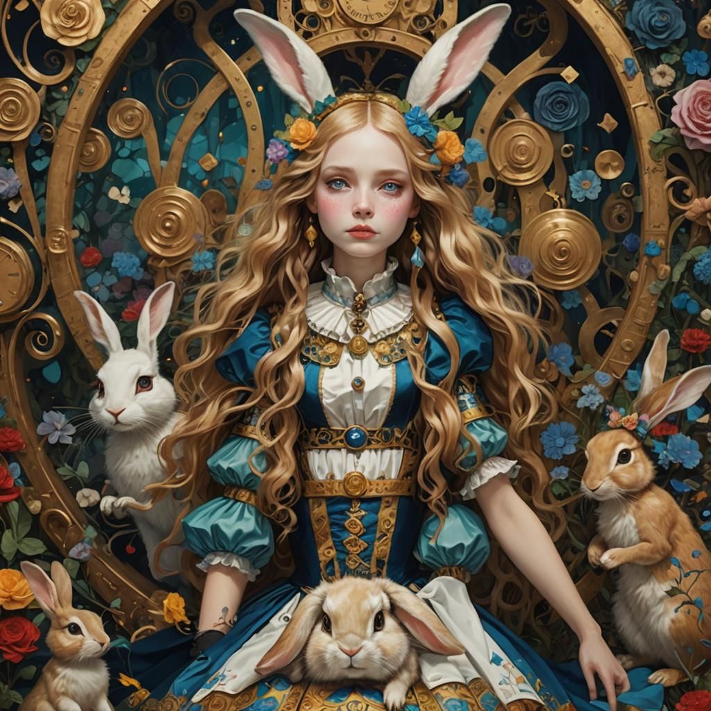 Alice and Rabbit in Wonderland, Klimt-Inspired Art