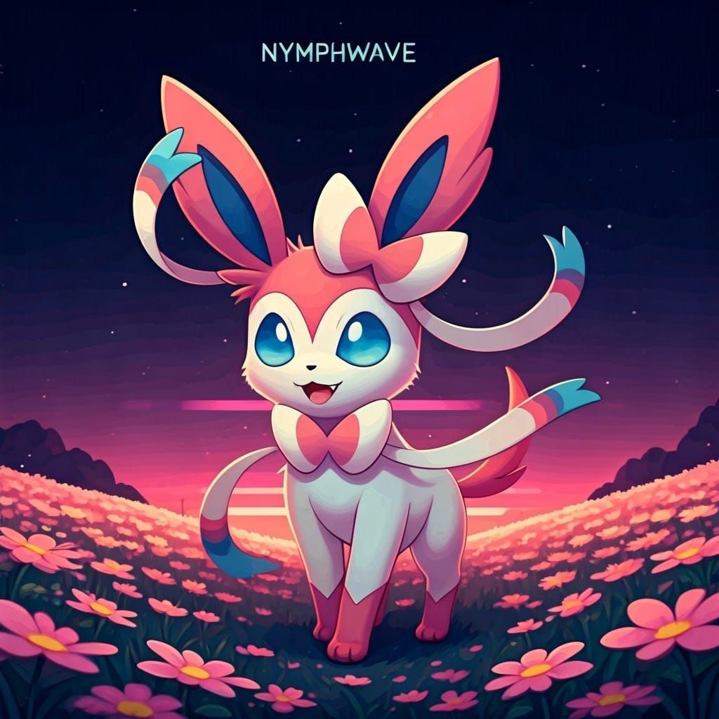 Synthwave Chibi Sylveon in Flowery Field