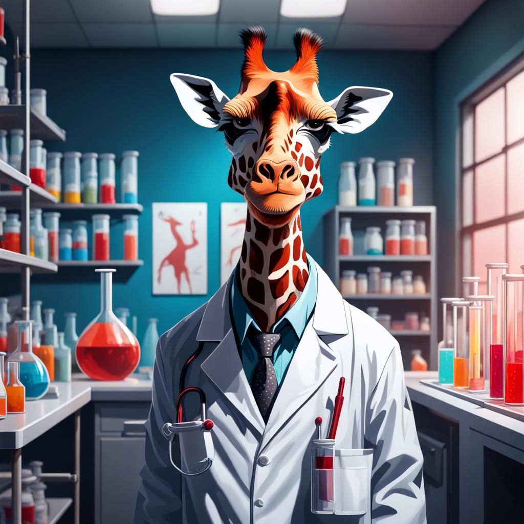 Giraffe Scientist in Lab, Hyperrealistic Splash Art