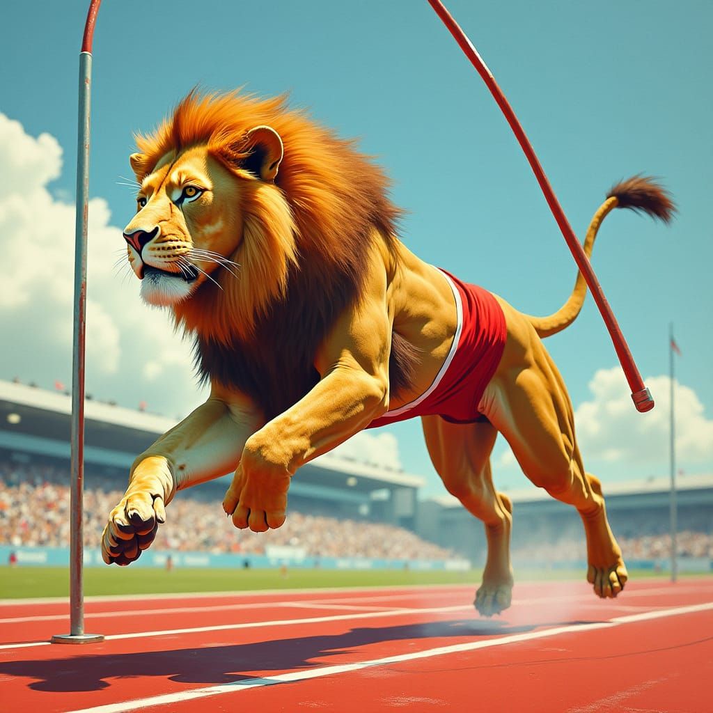Lion Athlete Pole Vault in Abstract Expressionist Style