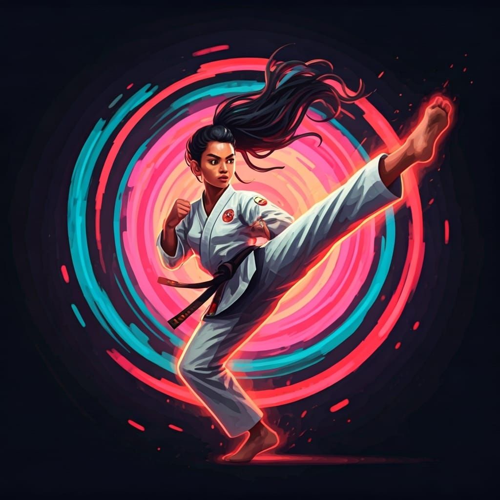 Dynamic Karate Woman in Mid-Air with Neon Glow