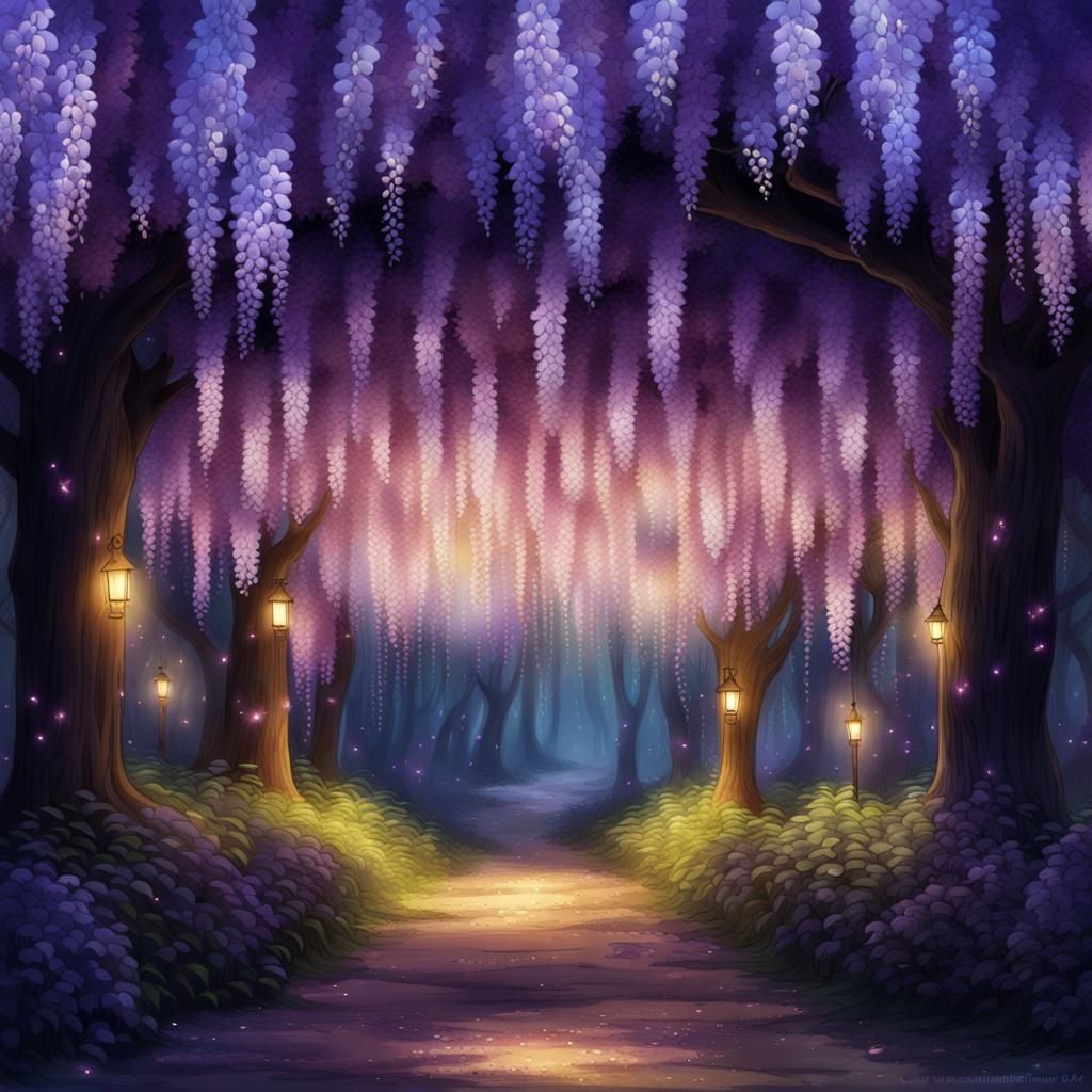 Enchanted Wisteria Forest with Fireflies