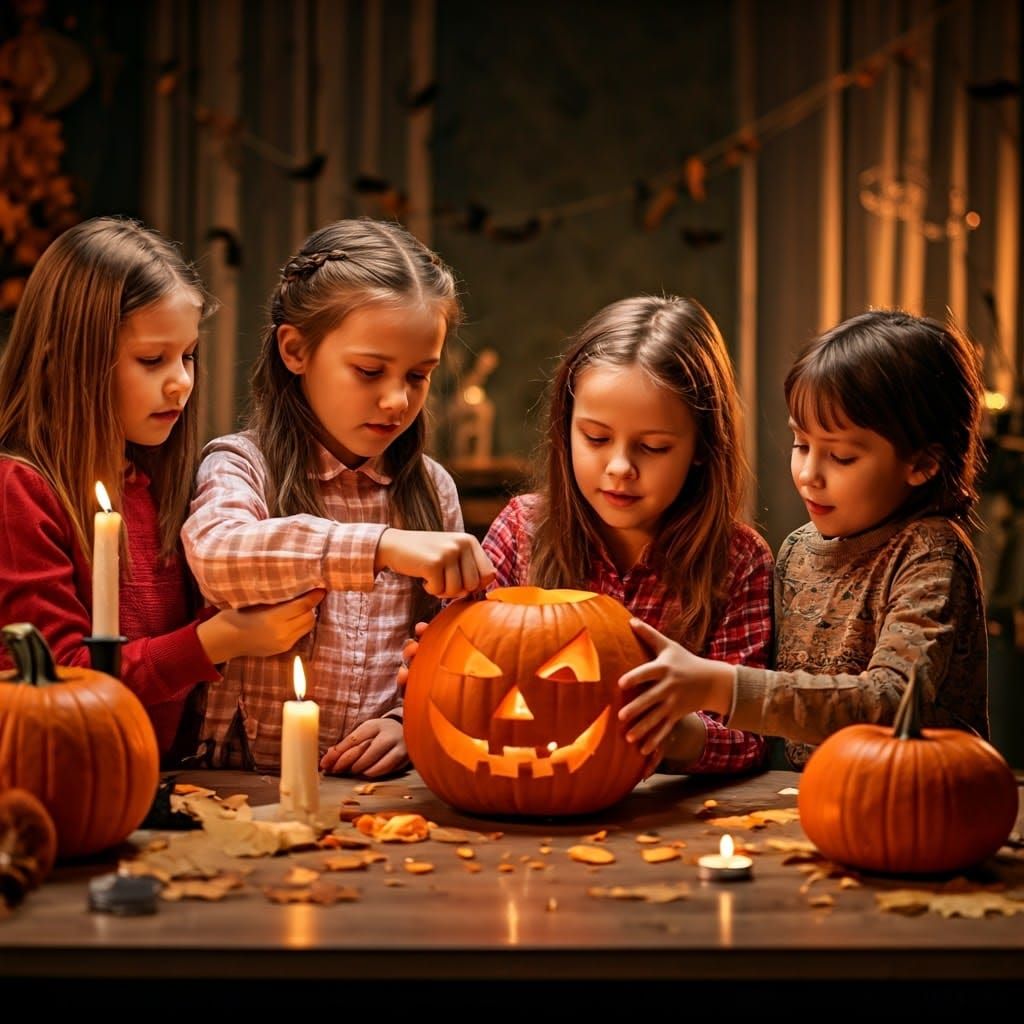 Children Carving Jack-o-Lantern in Nostalgic Autumn Scene