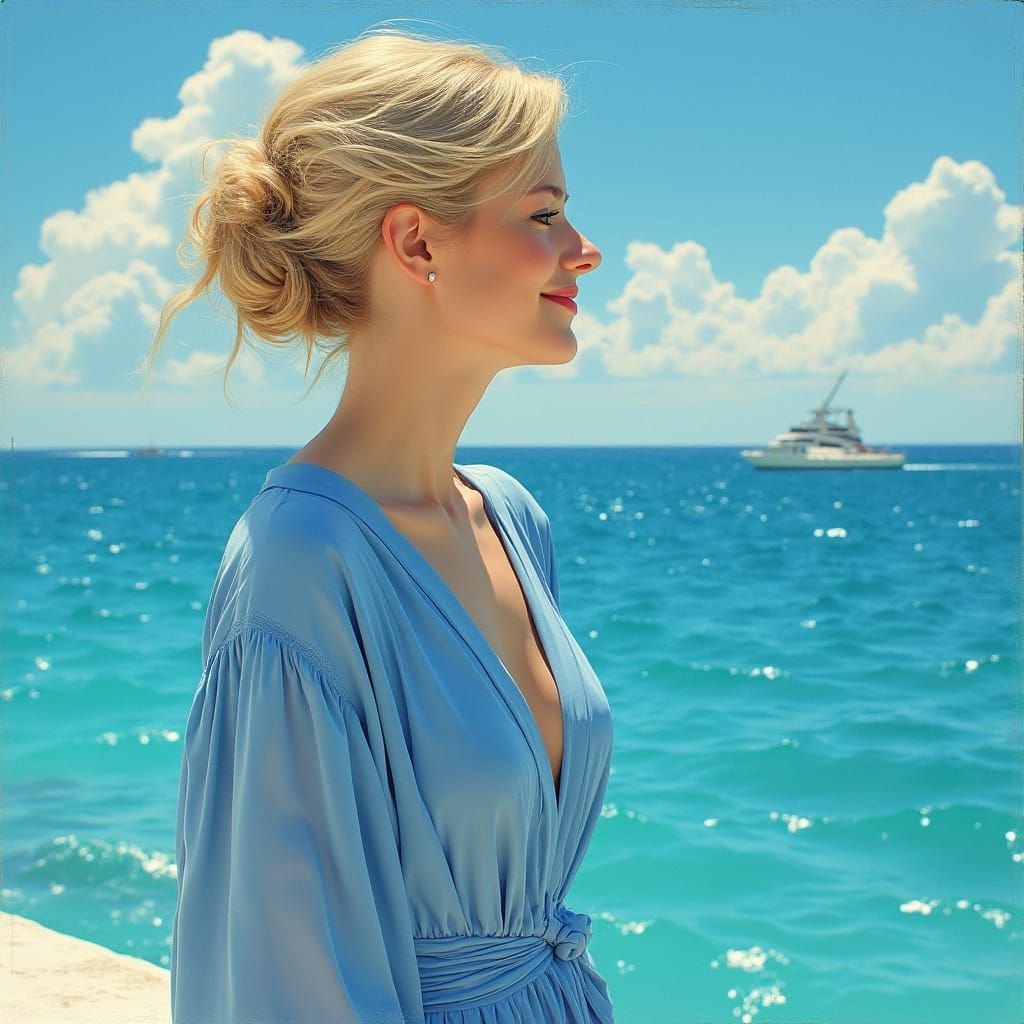 Elegant Woman Gazing at Sea in Hyperrealistic Style