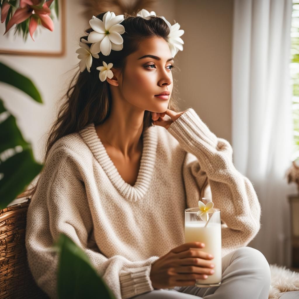 Hawaiian Girl in Sweater with Pina Colada