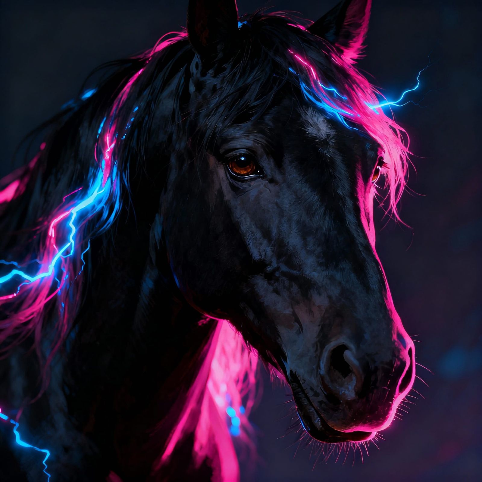 Black Horse with Neon Mane Highlights - Fantasy Art