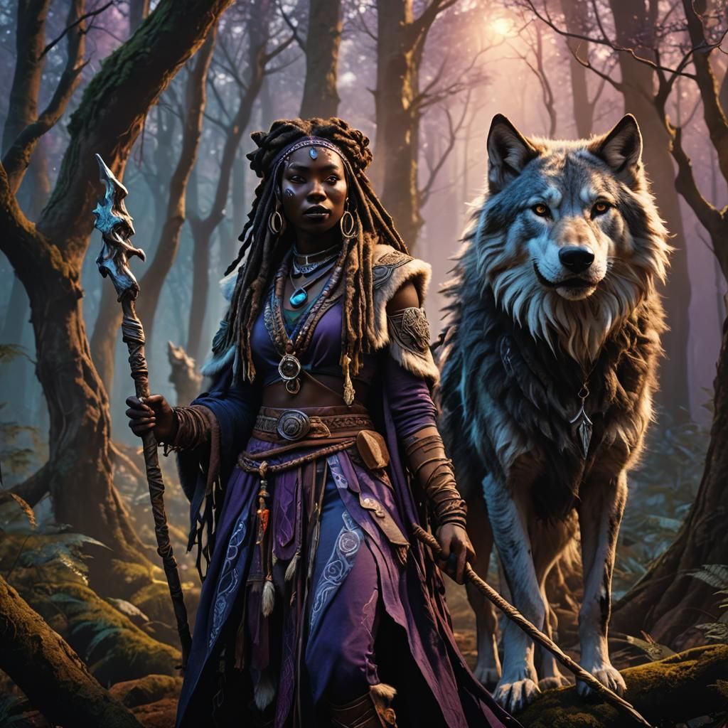 Female Druid with Wolf in Dark Fantasy Style
