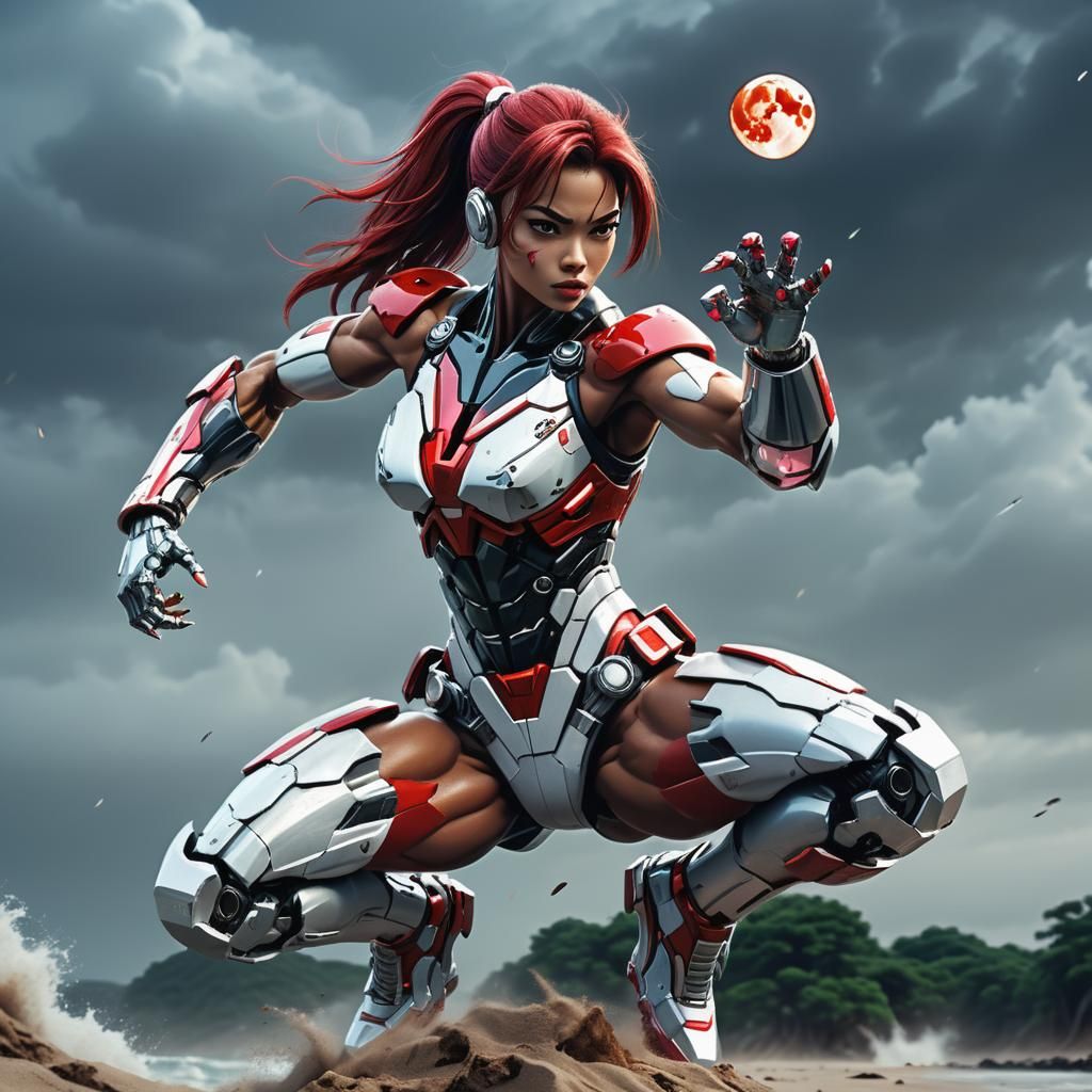 Generate an image  35mm photo  inspired by the Wallpaper attractive muscular female cyborg Gundam Power Rangers Fashion ...