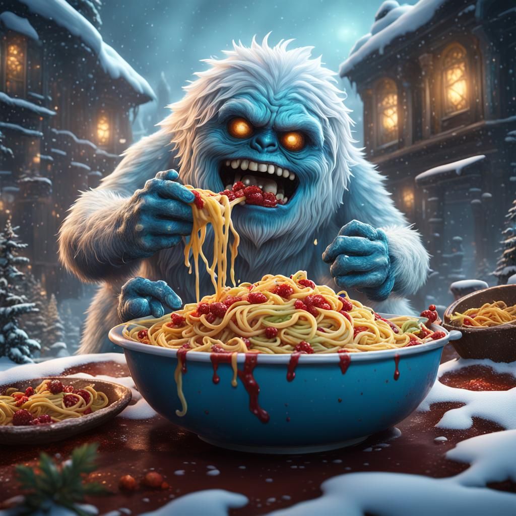 Abominable Snowman Enjoys Spaghetti: Detailed Matte Painting